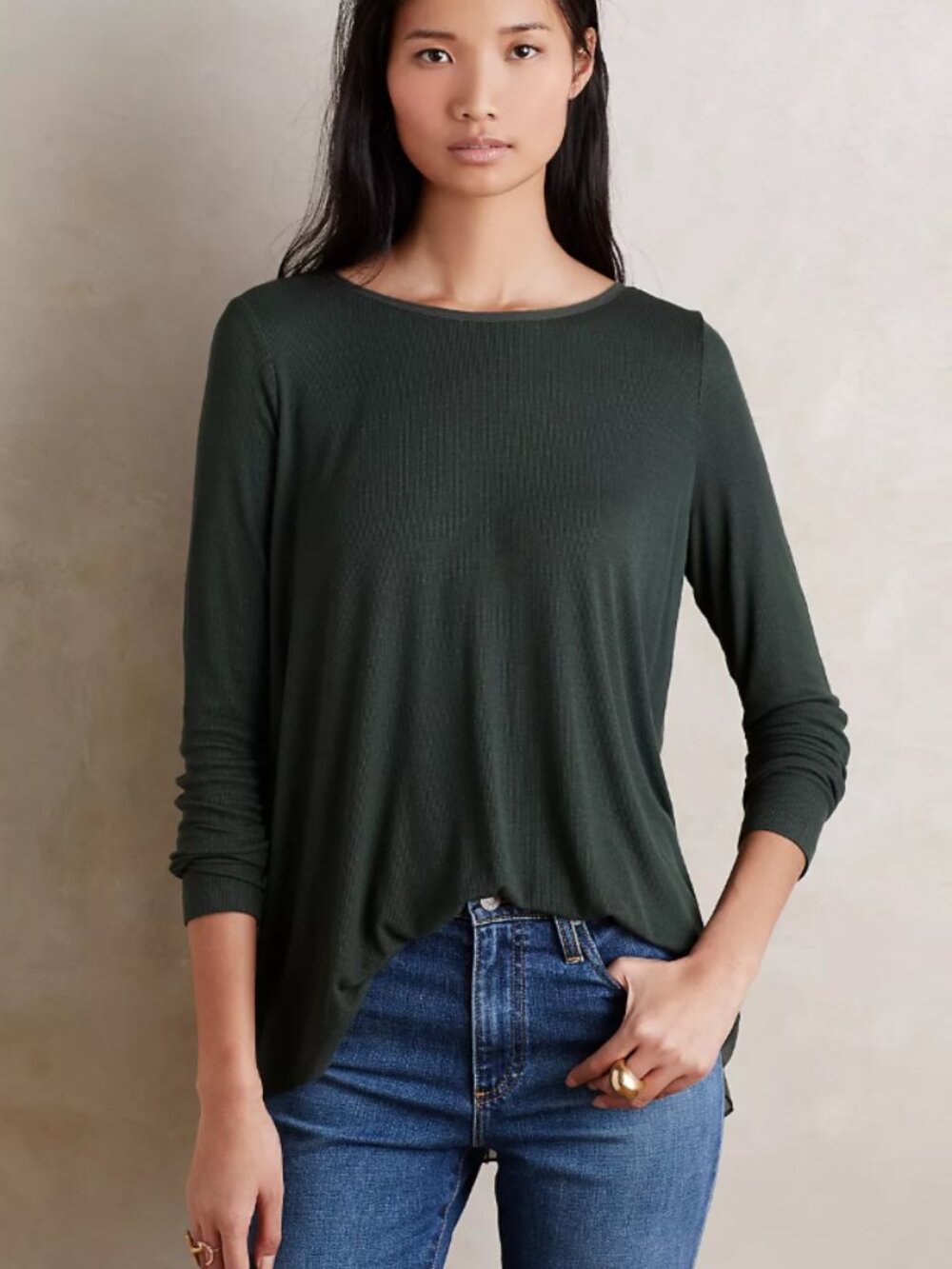 NWT Bordeaux by Anthropologie Anly Boatneck Tee Soft Stretch in Green Size Large